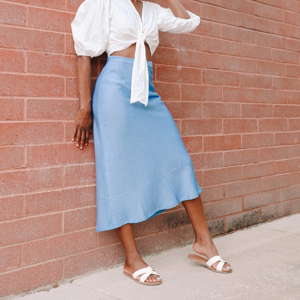 Baby Blue Satin Midi Skirt